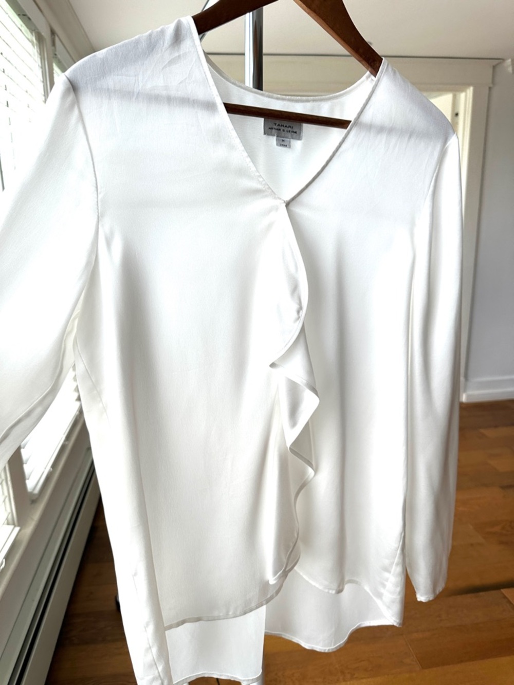 Tahari V-Neck Ruffle Detail Long Sleeve Blouse, White Satin - Picture 3 of 12
